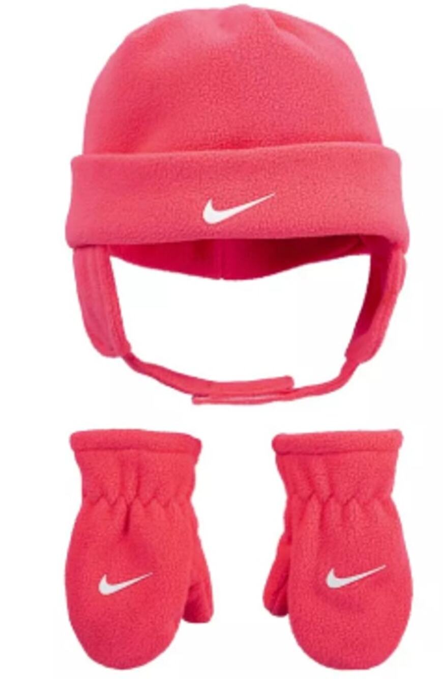 Nike Toddler Fleece Chin Trapper Hat Mittens Set Pink 12-24 months 6A2781 NEW